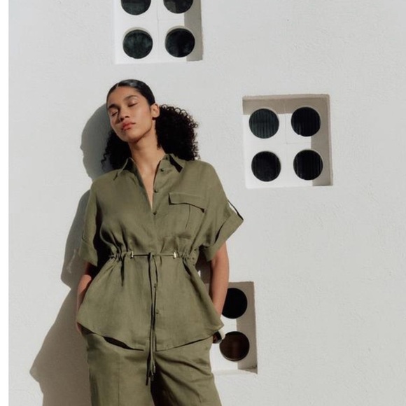 Zara Linen Top Olive Green Drawstring Waist Shirt Large - Picture 2 of 10